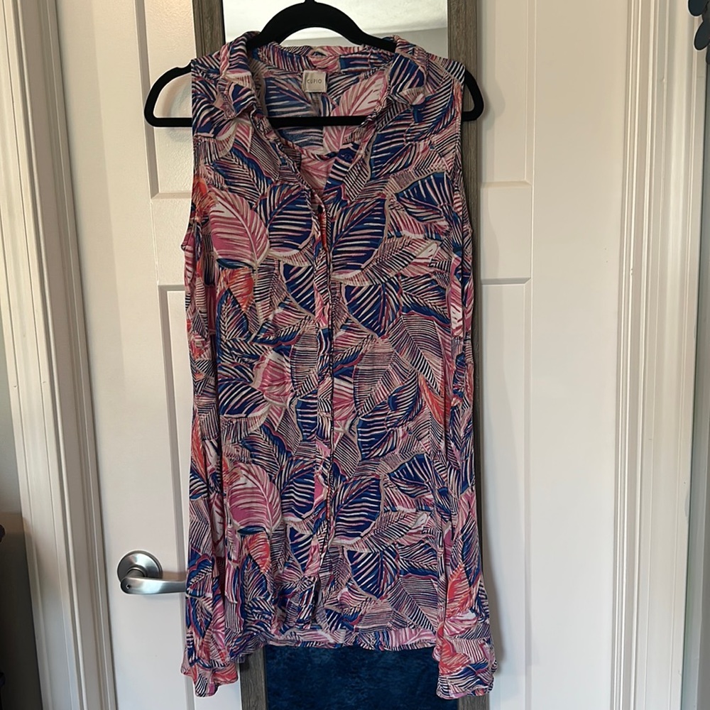 Cupio long palm/leaf pinks and blues design long top size XL!